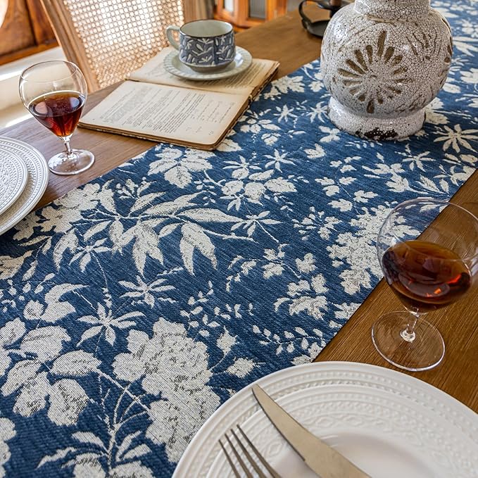 Botanical Jacquard Floral Dining Table Runner Blue 13 x 71 Inch | Jacquard - Image 3