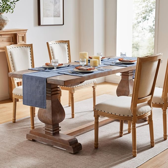 Linen Checked Farmhouse Table Runner, 13x72 Inches Blue | Raised Grid Design - Image 3