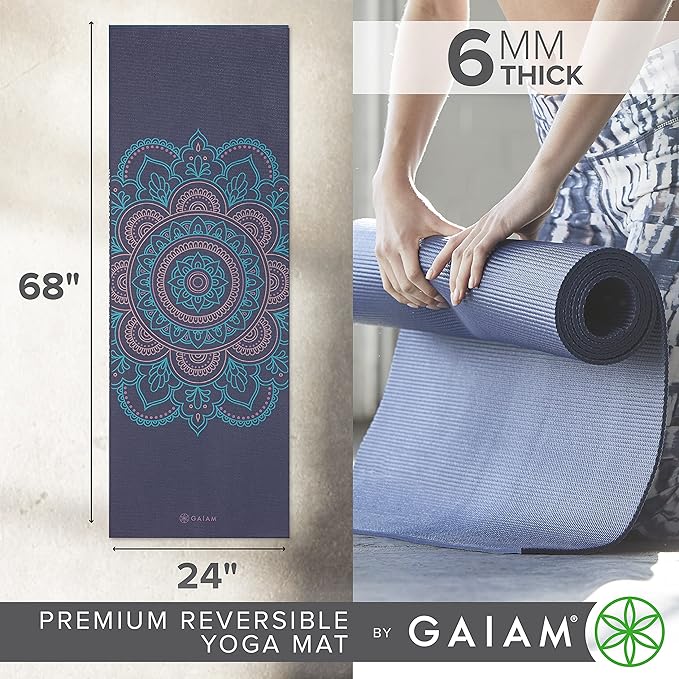 Gaiam Yoga Mat - Premium 6mm Print Reversible Extra Thick Non Slip Exercise & Fitness Mat for All Types of Yoga, Pilates & Floor Workouts (68" x 24" x 6mm Thick)