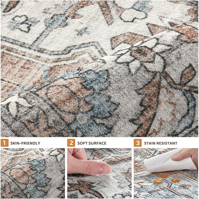 7x9 Area Rugs Living Room: Washable Vintage Rug Large Non-Slip Stain Resistant - Image 5