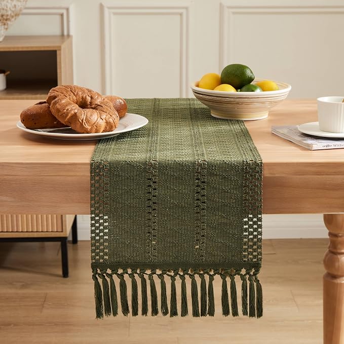 Macrame Style Boho Table Runner, 12x72 Inch Moss | Woven Boho Table Runner - Image 2
