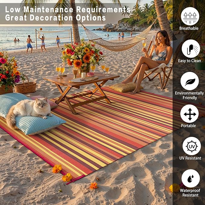 Outdoor Plastic Straw Rug Waterproof Patio 10x14 Red Orange Stripe Mat - Image 4
