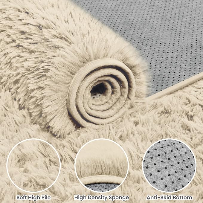 2x6 Bedside Area Rugs for Bedroom: Soft Fluffy Shag Beige Rug for Hallway - Image 6