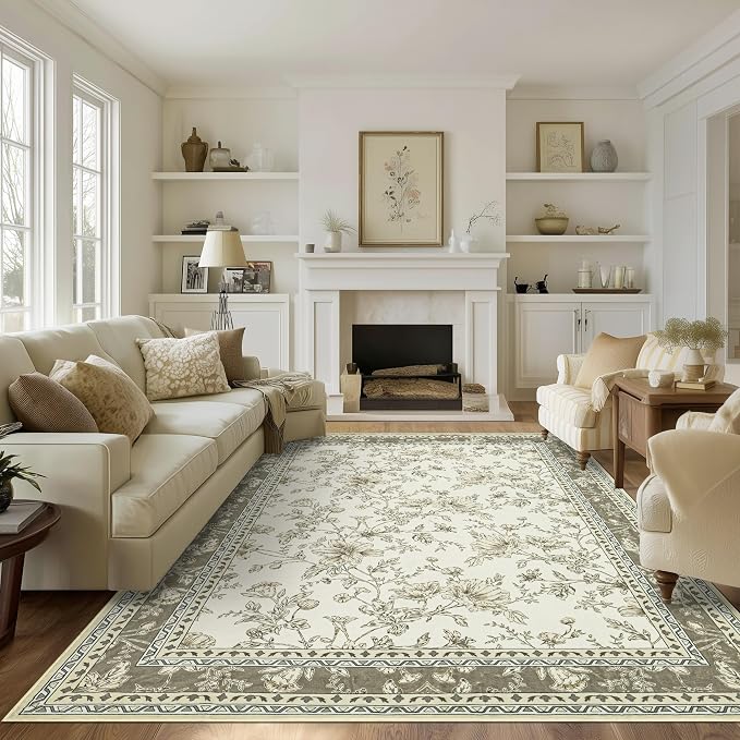 Taupe Boho Living Room Rug 5x8, Washable Low Pile Non Slip Area Rugs by BILEEHOME