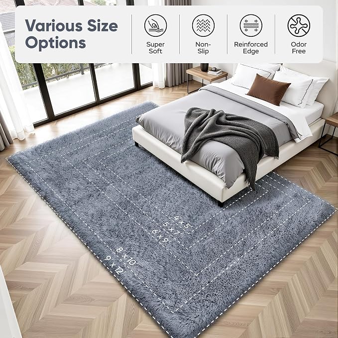 Area Rug for Living Room Bedroom: 9x12 Grey Soft Fluffy Shag Upgrade Non-Slip - Image 9