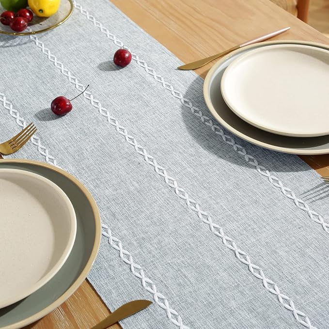 Wracra Rustic Linen Table Runner, Dusty Blue Table Runners 48 inches Long | - Image 5