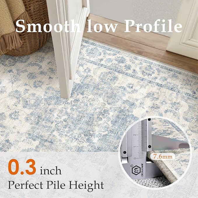 2x5 Washable Neutral Runner Rug Blue Vintage Hallway Kitchen Carpet Non-Slip - Image 8