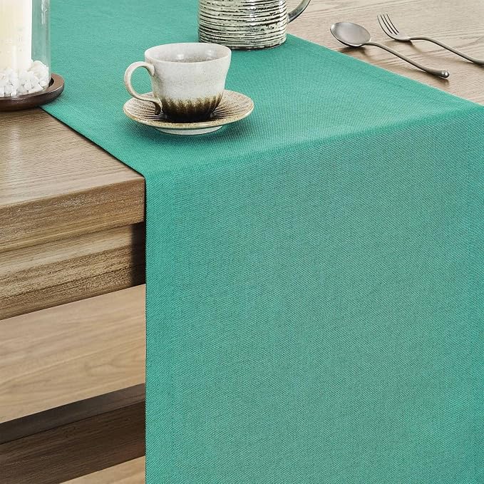 Basic Linen Style Table Runner, 14x48 Inch Teal | Mitered Corner Design - Image 4
