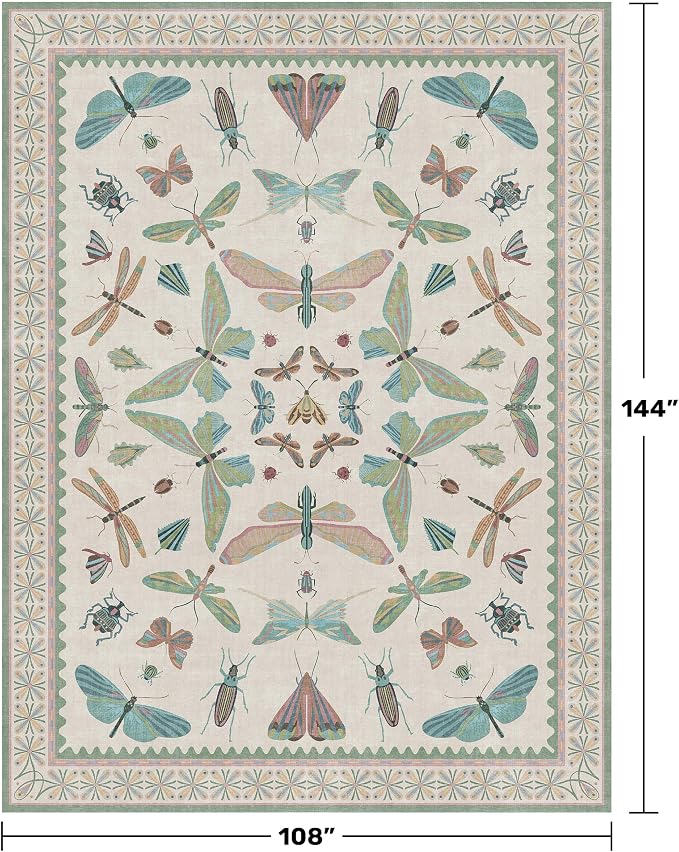 Green Butterfly Area Rug 9x12 for Living Room, Washable Floral Rug for Girls - Image 2