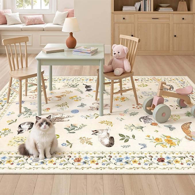 Soalmost Cat 3x5 Area Rugs for Entryway, Machine Washable Animal Floral Accent - Image 2