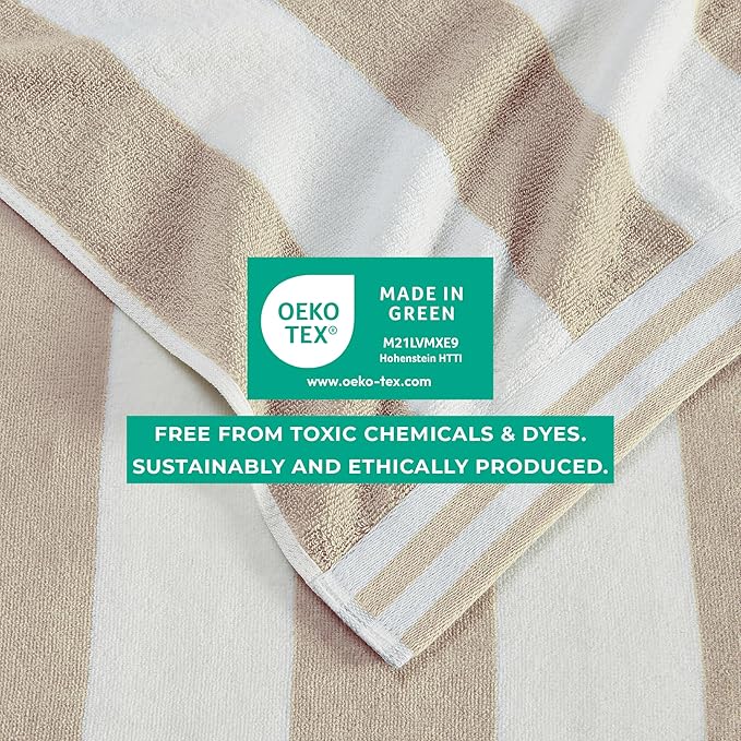Great Bay Home 100% Cotton Velour 4 Pack Beach Towels 30" x 60" - Taupe Cabana Stripe Pool Towels - Quick Dry, Large Swim Towels