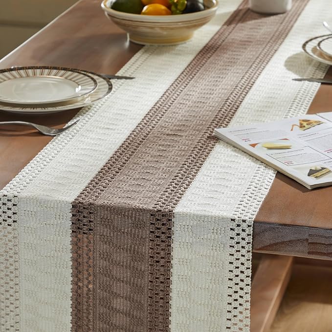 Macrame Style Bicolor Stitching Table Runner 14x36in Cocoa Brown | Woven Boho - Image 5