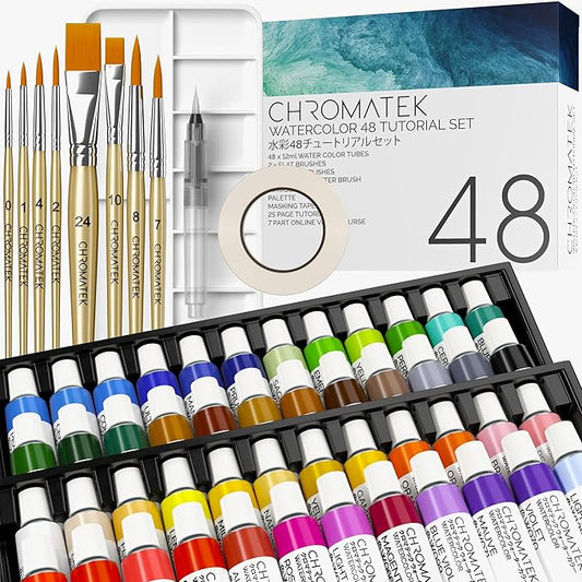 CHROMATEK Watercolor Paint Set, 84 Piece Kit, Video Tutorial Course, 48 Tubes, from Beginner to Intermediate & Professional Artists, Paper, 8 Brushes, Palette, Aquapen, Masking Tape, 12ml Tubes