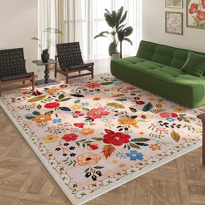 Rugcomf Area Rugs 9x12 Living Room Clearance Washable Boho Rug Non Slip Floral by Rugcomf