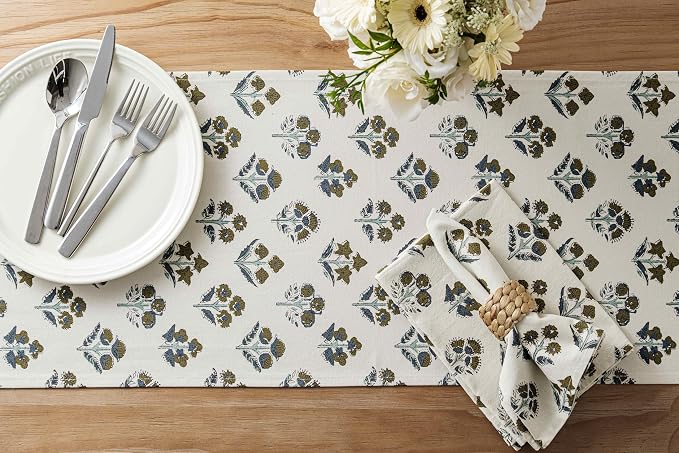 Block Print Floral Decorative Table Runners, 13x48 Inch Brown | 100% Organic - Image 4