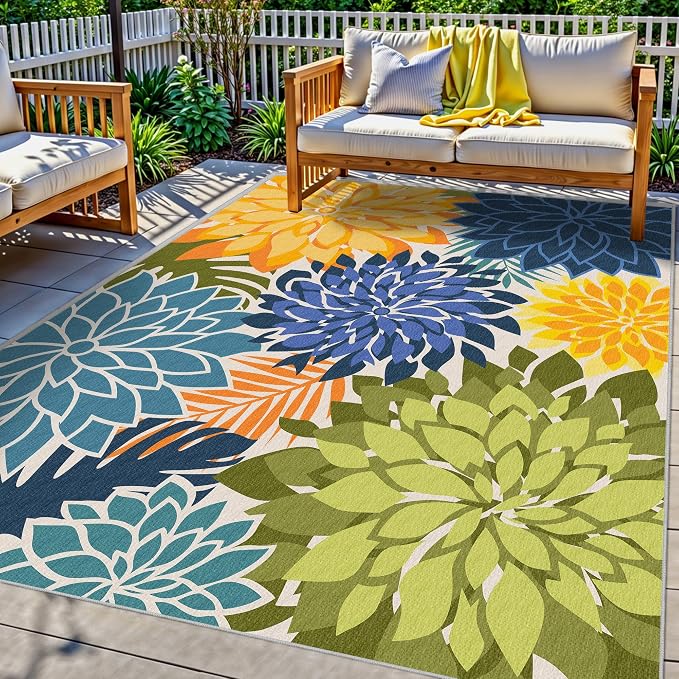 Colorful 6x9 Outdoor Area Rug Washable Multicolored Patio Rug Tropical by ArenaRug