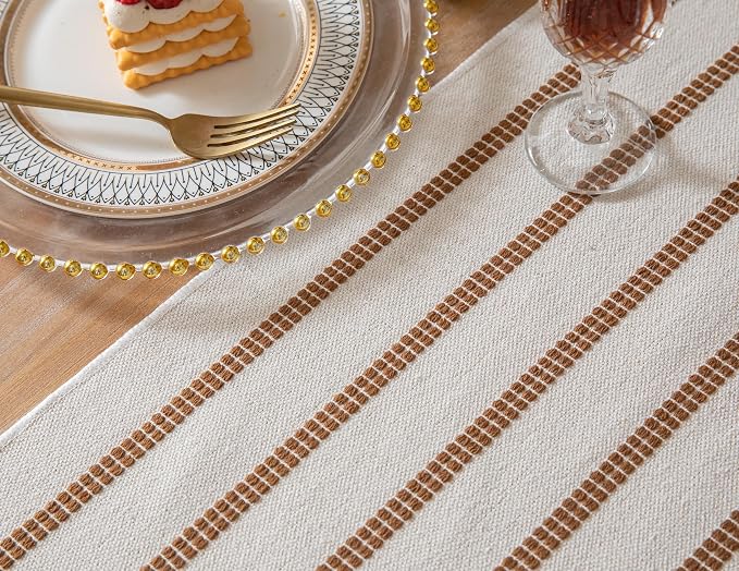 Caflife Boho Table Runner 108 Inchs Long Brown and Beige, Cotton and Linen Woven - Image 4