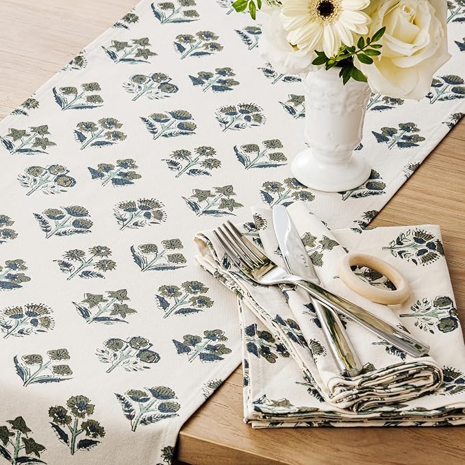 Block Print Floral Decorative Table Runners, 13x60 Inch Olive | 100% Organic - Image 2
