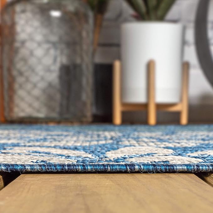 JONATHAN Y Floral Textured Weave Indoor Outdoor Round Area Rug 8 Ft Navy/Aqua - Image 7
