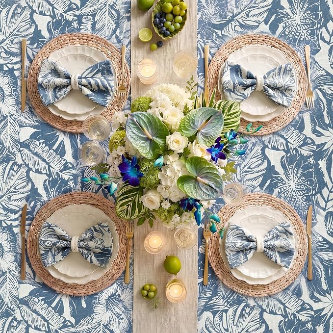 jinchan Blue Tropical Floral Linen Square Table Cloth 50x50 | Tropical - Image 7