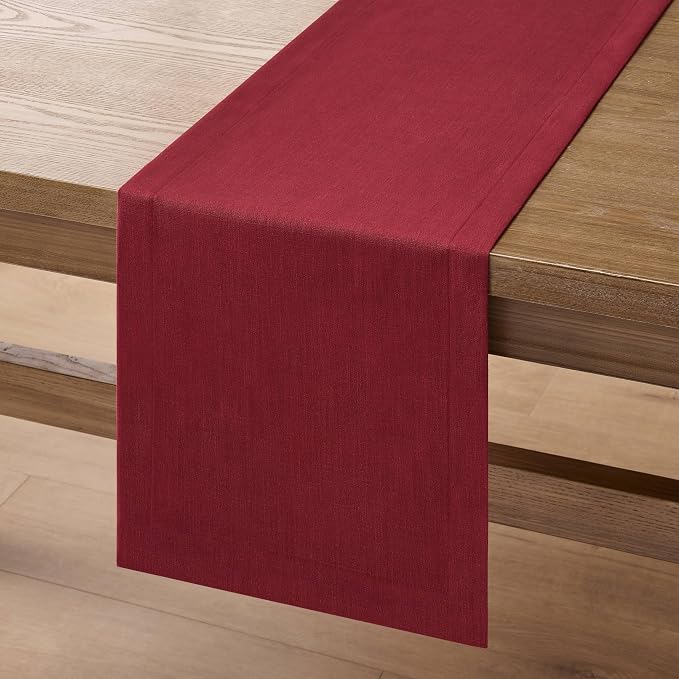 Linen Textured Border Table Runner, 14 x 90 Inch Red | Mitered Corner Design - Image 7