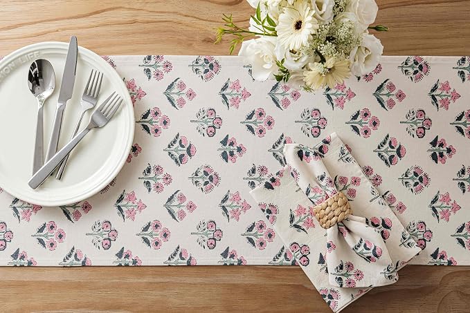 Block Print Floral Decorative Table Runners, 13x60 Inch Pink | 100% Organic - Image 4