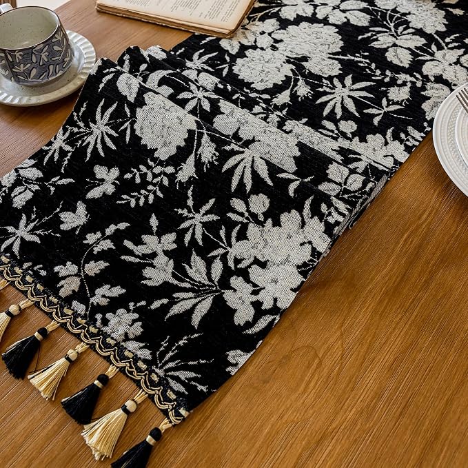 Floral Jacquard Dining Table Runner Black 13 x 82 Inch | Jacquard Flower - Image 5
