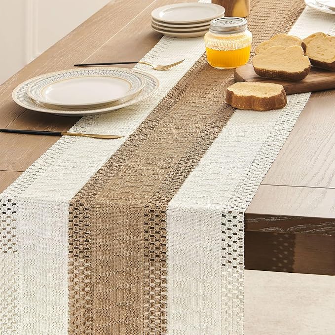 Macrame Style Bicolor Stitching Table Runner 14x72in Brown | Woven Boho Table - Image 5