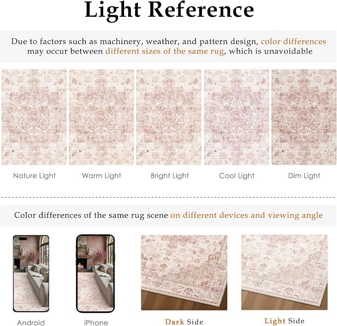 2x6 Washable Neutral Runner Rug Pink Vintage Hallway Kitchen Carpet Non-Slip - Image 9