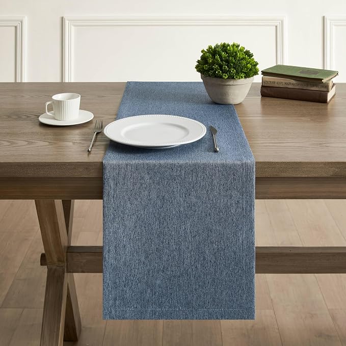 Basic Linen Style Table Runner, 14x108 Inch Navy Blue | Mitered Corner Design - Image 2