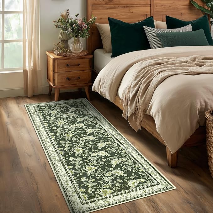 Olive Green Floral Print Area Rugs - Image 2