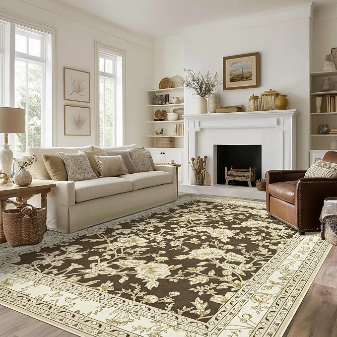 Brown Floral Print Area Rugs for Bedroom Living Room Boho Farmhouse Country by BILEEHOME