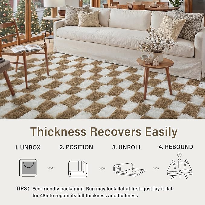 PureCozy 6x9 Area Rugs for Living Room Brown Soft Shag Checkered Large Rug - Image 6