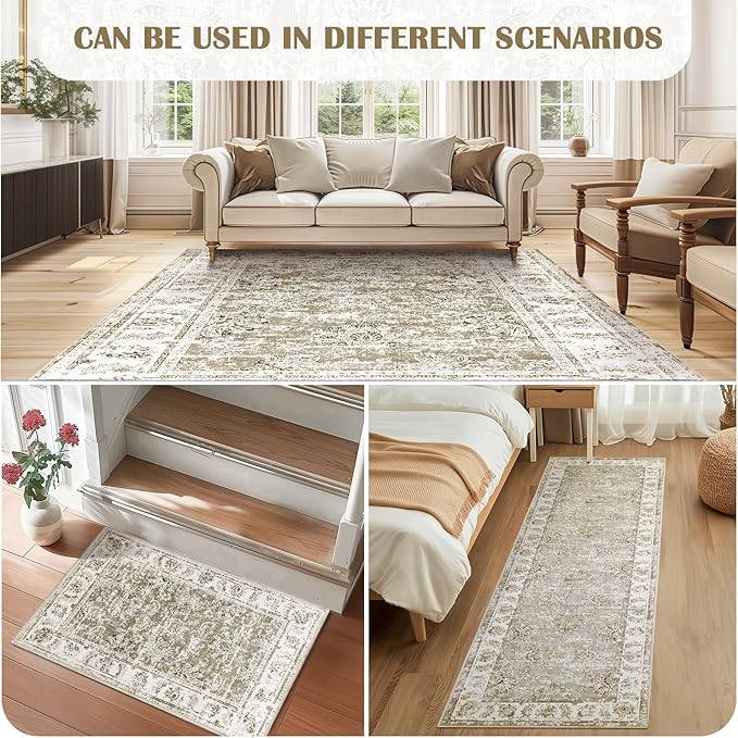 jinchan Runner Rug 3x8-2pcs Kitchen Washable Vintage Hallway Rug Floral Print Floor Cover Indoor Thin Retro Mat Accent for Bathroom Laundry Room Bedroom Office Farmhouse (Double,Taupe)