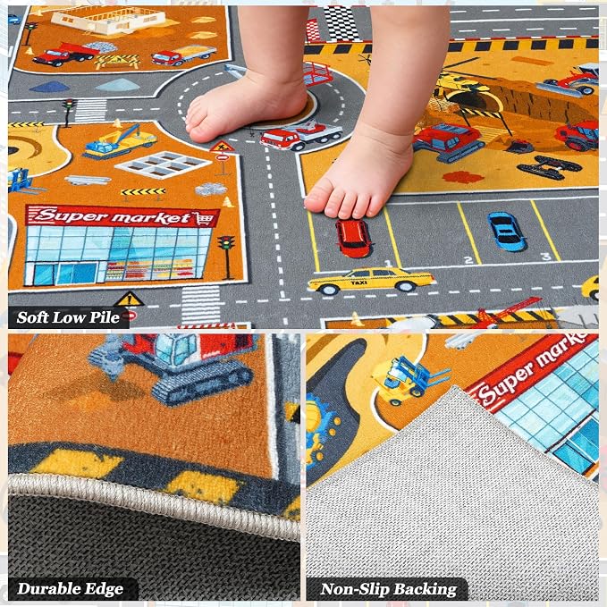Kids Room Rug 5x7 Ft, Washable Soft Construction Site Road Map Rug, Non-Slip - Image 7