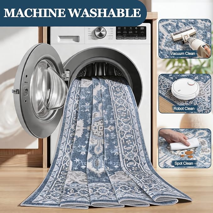 5x7 Area Rugs for Living Room:Blue Washable Vintage Medallion Boho Rug Non-Slip - Image 7