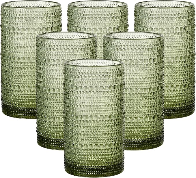 16oz Hobnail Drinking Glasses Set of 6, Vintage Large Capacity Embossed Green by Unknown