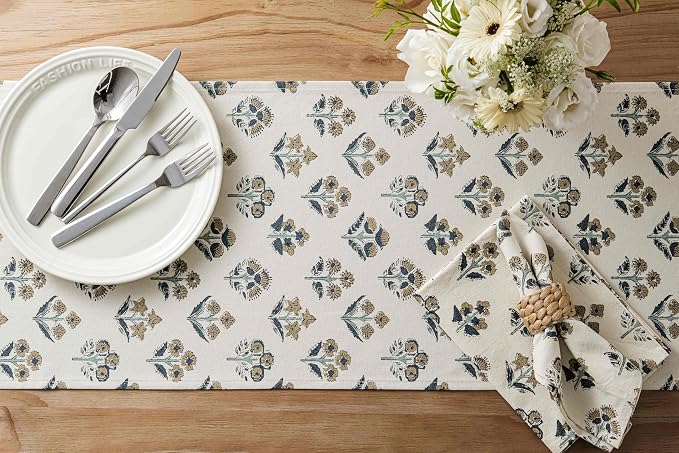 Block Print Floral Decorative Table Runners, 13x48 Inch Latte | 100% Organic - Image 4