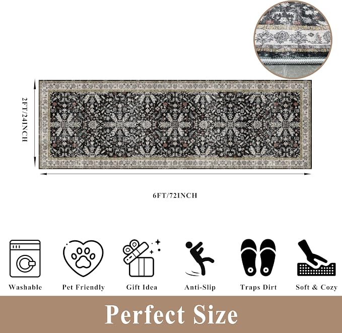 2x6 Washable Kitchen Runner Rug – Non-Slip Boho Vintage Carpet Runner - Image 2