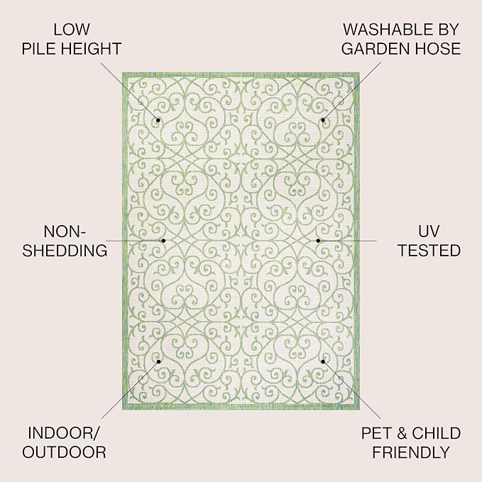 JONATHAN Y Vintage Filigree Indoor Outdoor Round Area Rug 5 Ft Cream/Green - Image 2