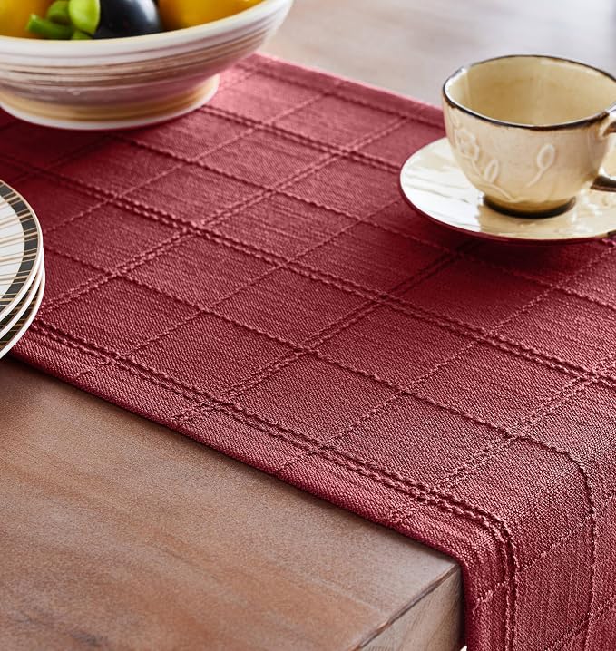 Linen Checked Farmhouse Table Runner, 13x72 Inches Burgundy | Raised Grid Design - Image 5