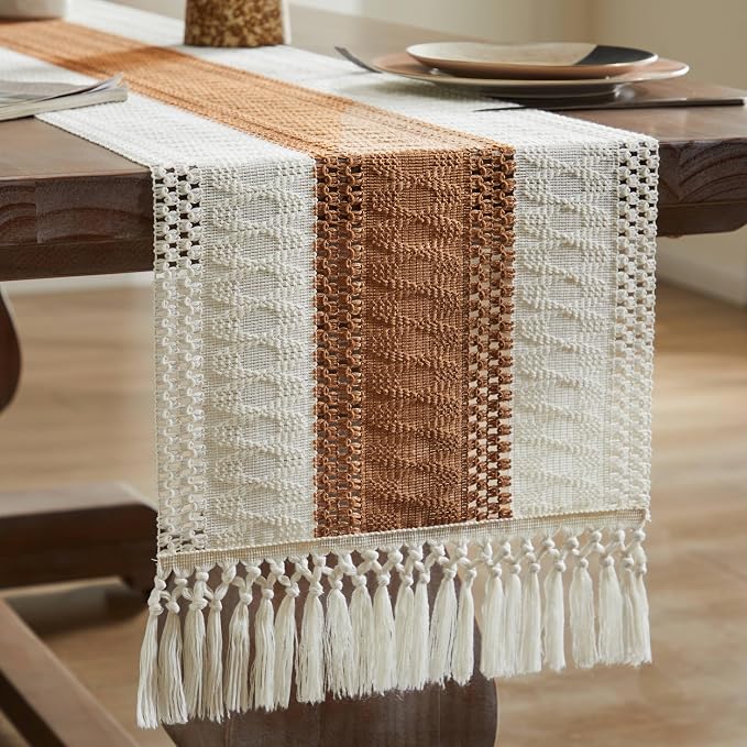 Macrame Style Bicolor Stitching Table Runner 14x60in Caramel | Woven Boho Table - Image 7