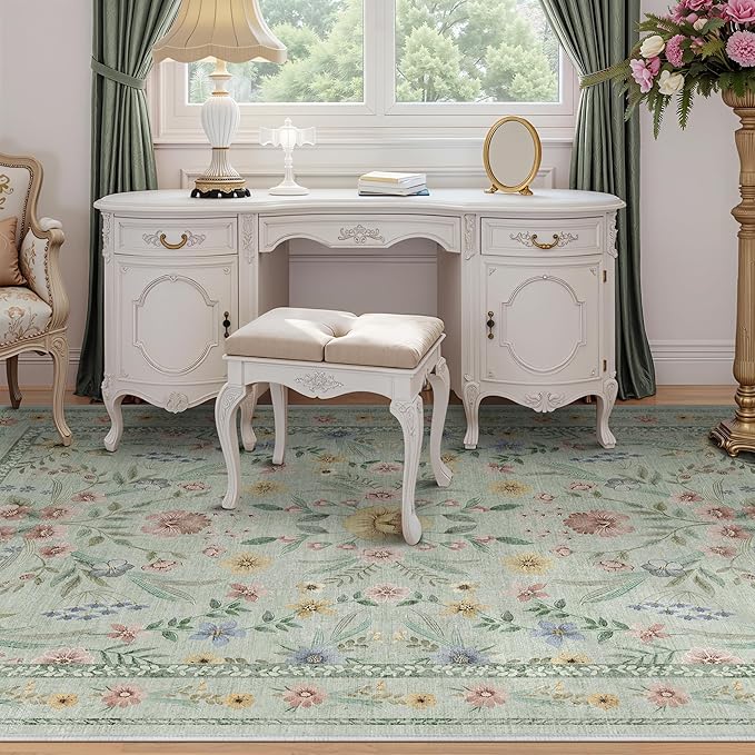 Green Floral Rug for Girls, 6x9 Washable Botanical Bedroom Rug for Nursery - Image 3