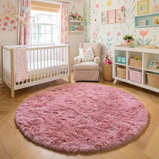Blush Round Rug 6Ft for Bedroom, Fluffy Fuzzy Plush Circle Area Rugs for Baby - Image 6