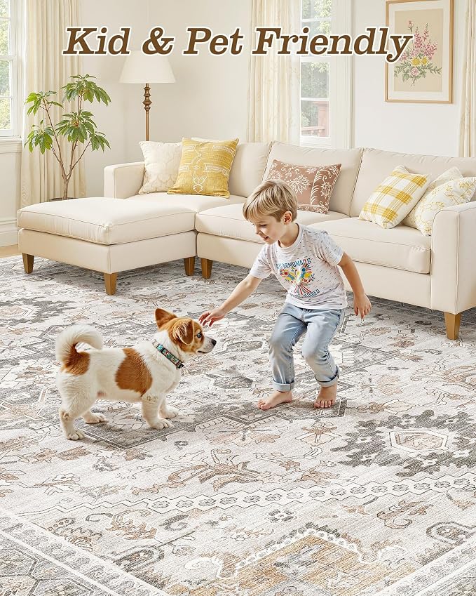 7x9 Vintage Area Rug: Washable Neutral Soft Non Slip Thin Large Floor Carpet - Image 6