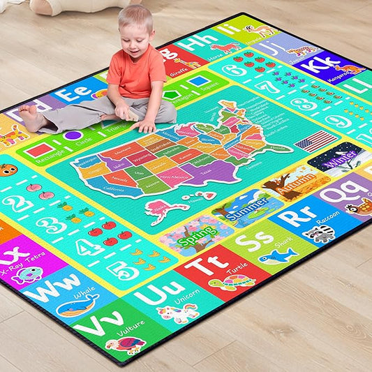 ABC Rug for Kids Playroom, 2x3 Washable Classroom Area Rugs, Educational Learning Mat with Alphabet Numbers Animals Seasons Shapes for Classroom Preschool Playroom