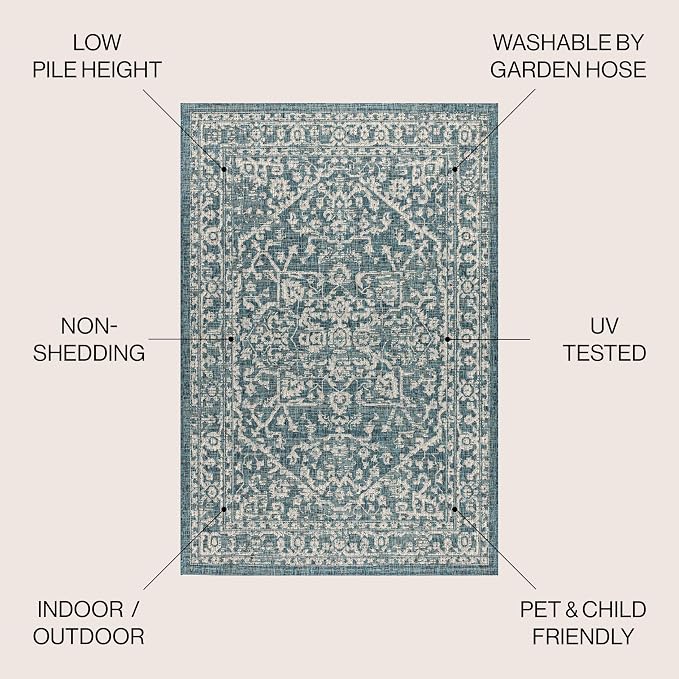 JONATHAN Y Boho Medallion Indoor Outdoor Area Rug 4X6 Teal/Gray, Malta Textured - Image 2