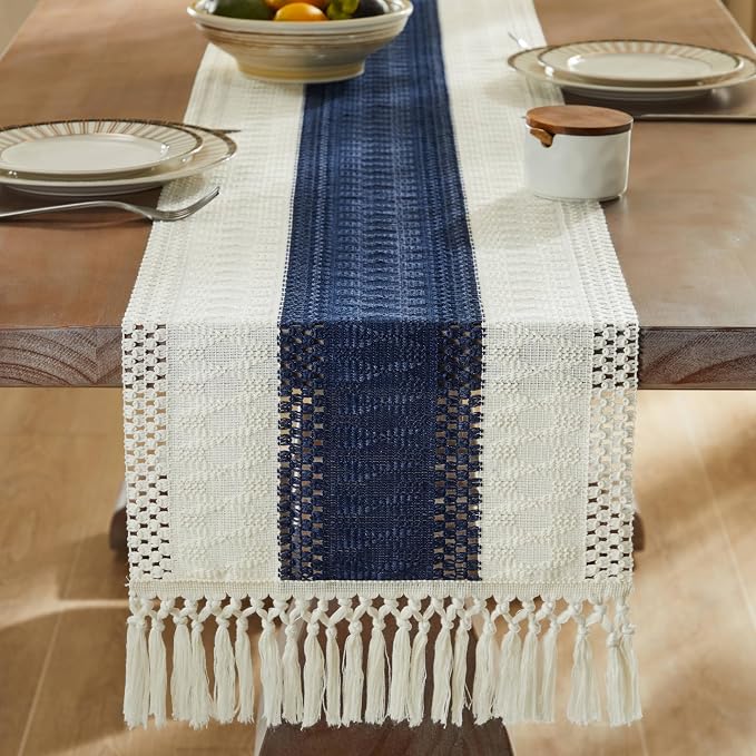 Macrame Style Bicolor Stitching Table Runner 14x108in Navy Blue | Woven Boho - Image 3