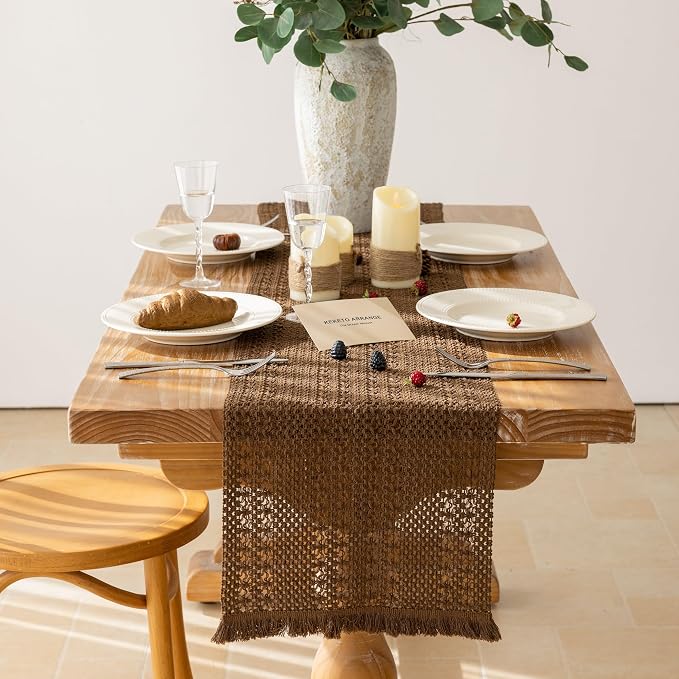 Fall Thanksgiving Boho Macrame Brown Table Runner 13x60 Inch | Woven Burlap - Image 2