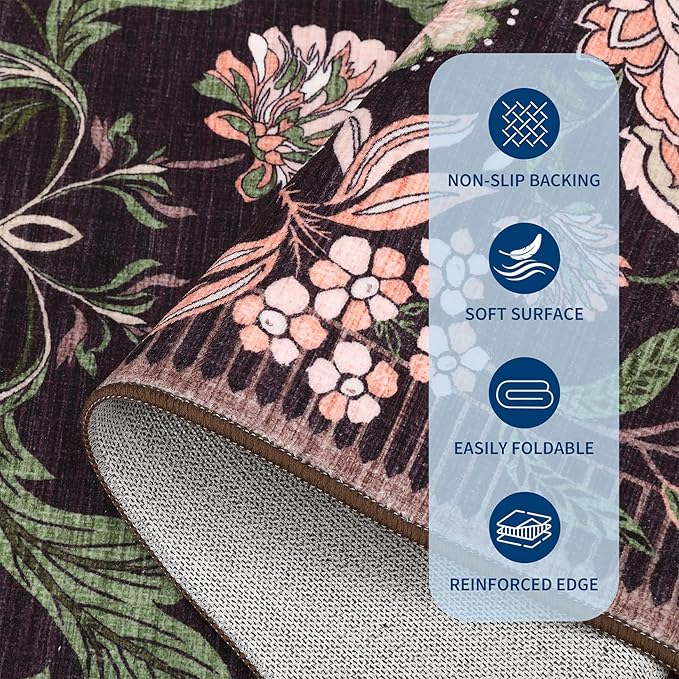 GarveeHome Plum Pink Floral Botanical 2x6 Washable Kitchen Runner Rugs Non Slip Black Purple Vintage Boho Cottage Long Rug for Hallways Bedroom Entryway Bathroom Mat with Rubber Back